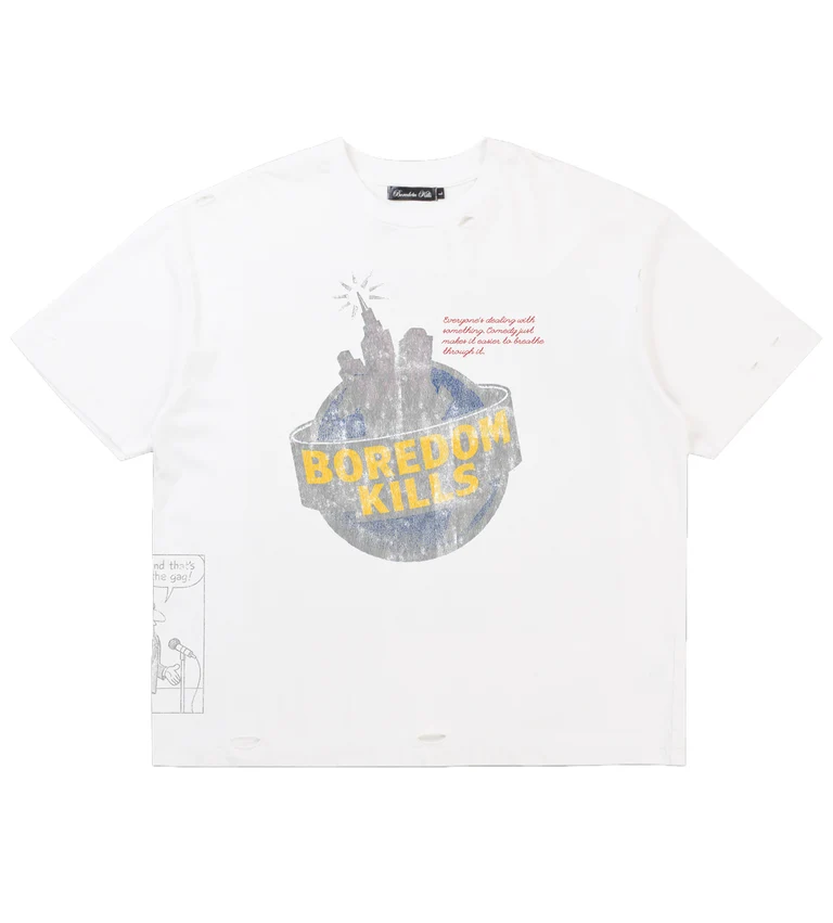 Boredom-Kills-Comedy-Tee-White-front Boredom Kills Comedy Tee White
