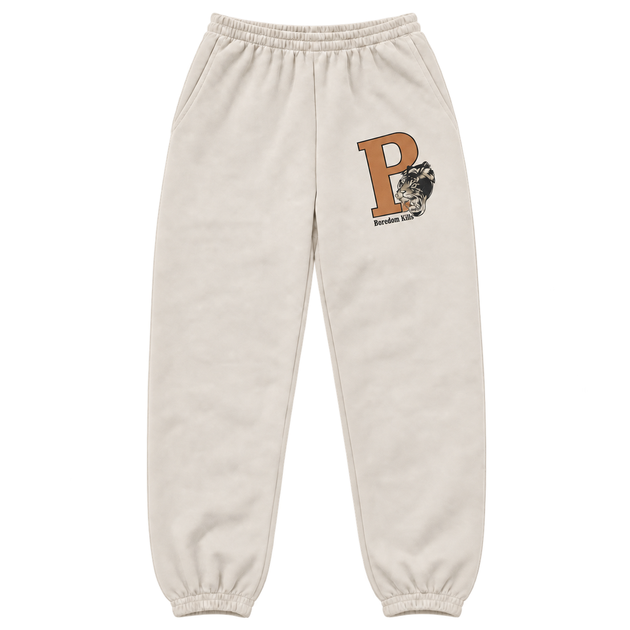 Cream Joggers with Tiger P Graphic Boredom Kills B Logo Sweatpant-Cream